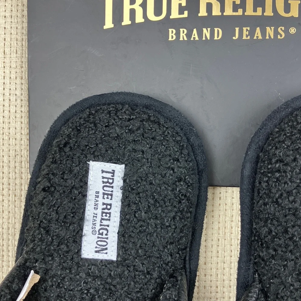 True Religion Horseshoe Slippers Black Faux Leather NWT